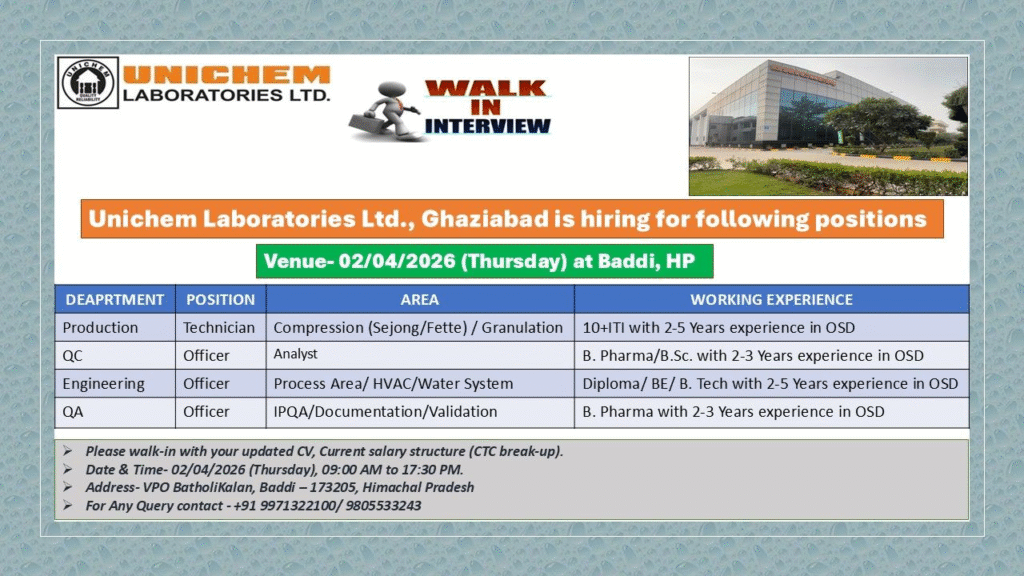 Unichem Laboratories Ltd. Walk-in Interview – Multiple Positions in Production, QC, Engineering & QA at Baddi, Himachal Pradesh on 2nd April 2026