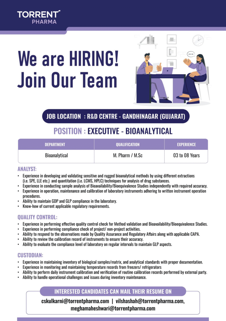 Torrent Pharma Hiring – Executive Bioanalytical at R&D Centre, Gandhinagar, Gujarat