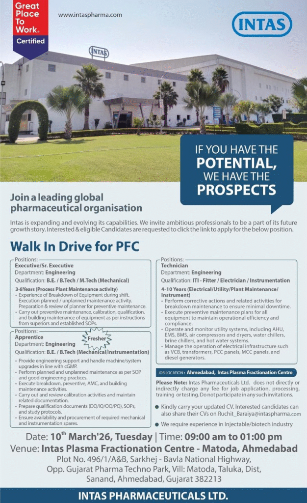 Intas Pharmaceuticals Ltd Walk-in Drive: Engineering Jobs at Plasma Fractionation Centre, Ahmedabad