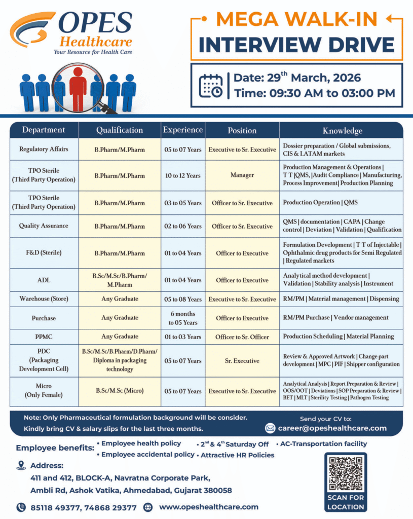 Opes Healthcare Mega Walk-in Interview Drive – Multiple Positions in Regulatory Affairs, Production, QA, F&D, ADL, Warehouse & More on 29th March 2026