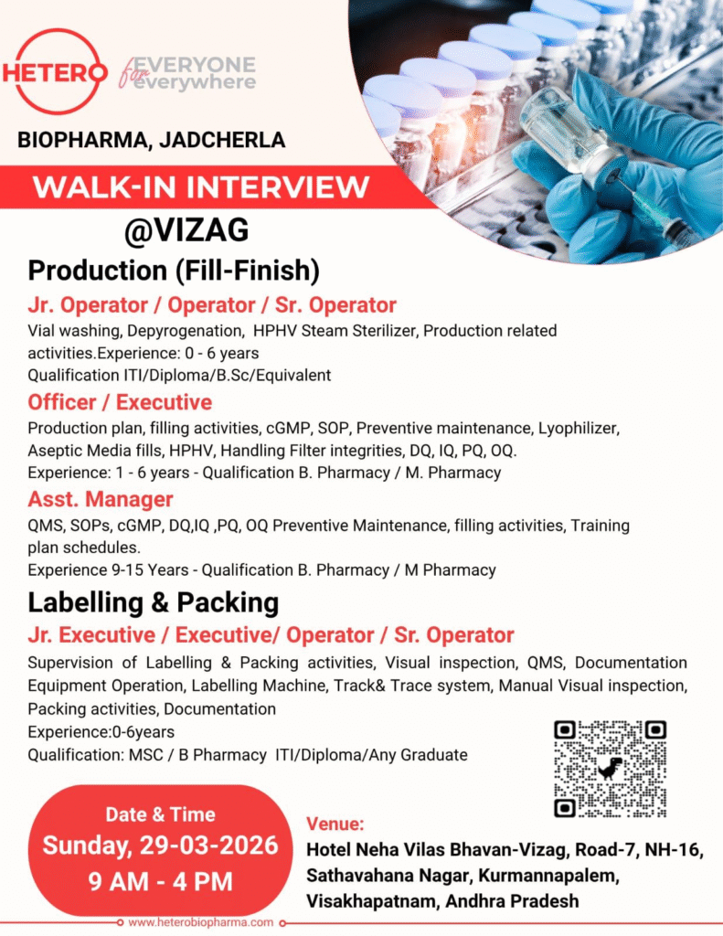 Hetero Biopharma Walk-in Interview – Fill-Finish Production & Labelling/Packing Roles in Vizag on 29th March 2026
