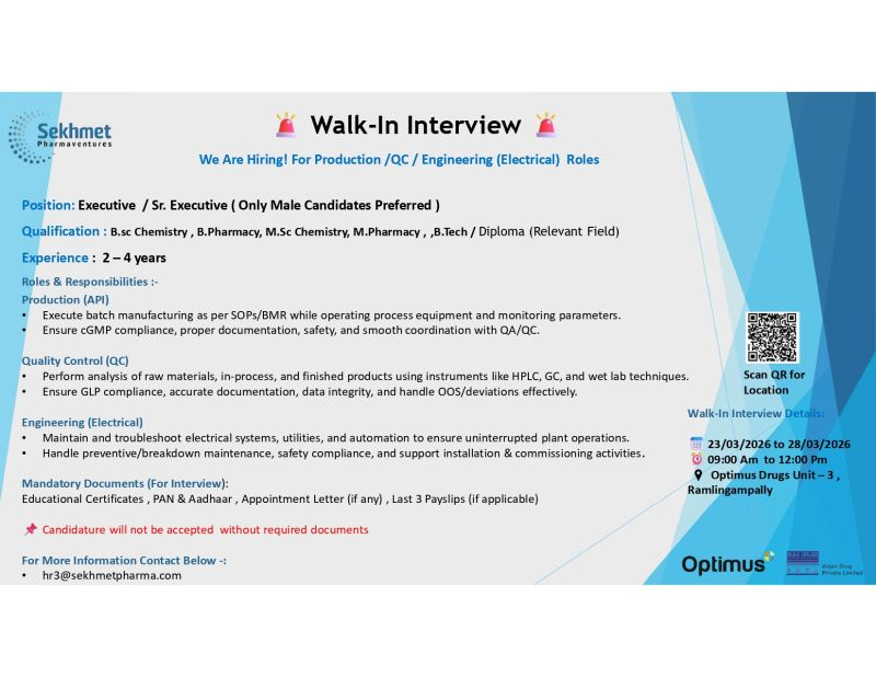 Sekhmet Pharmaventures Walk-in Interview – Executive / Sr. Executive Roles in Production (API), QC & Engineering (Electrical) on 23rd–28th March 2026
