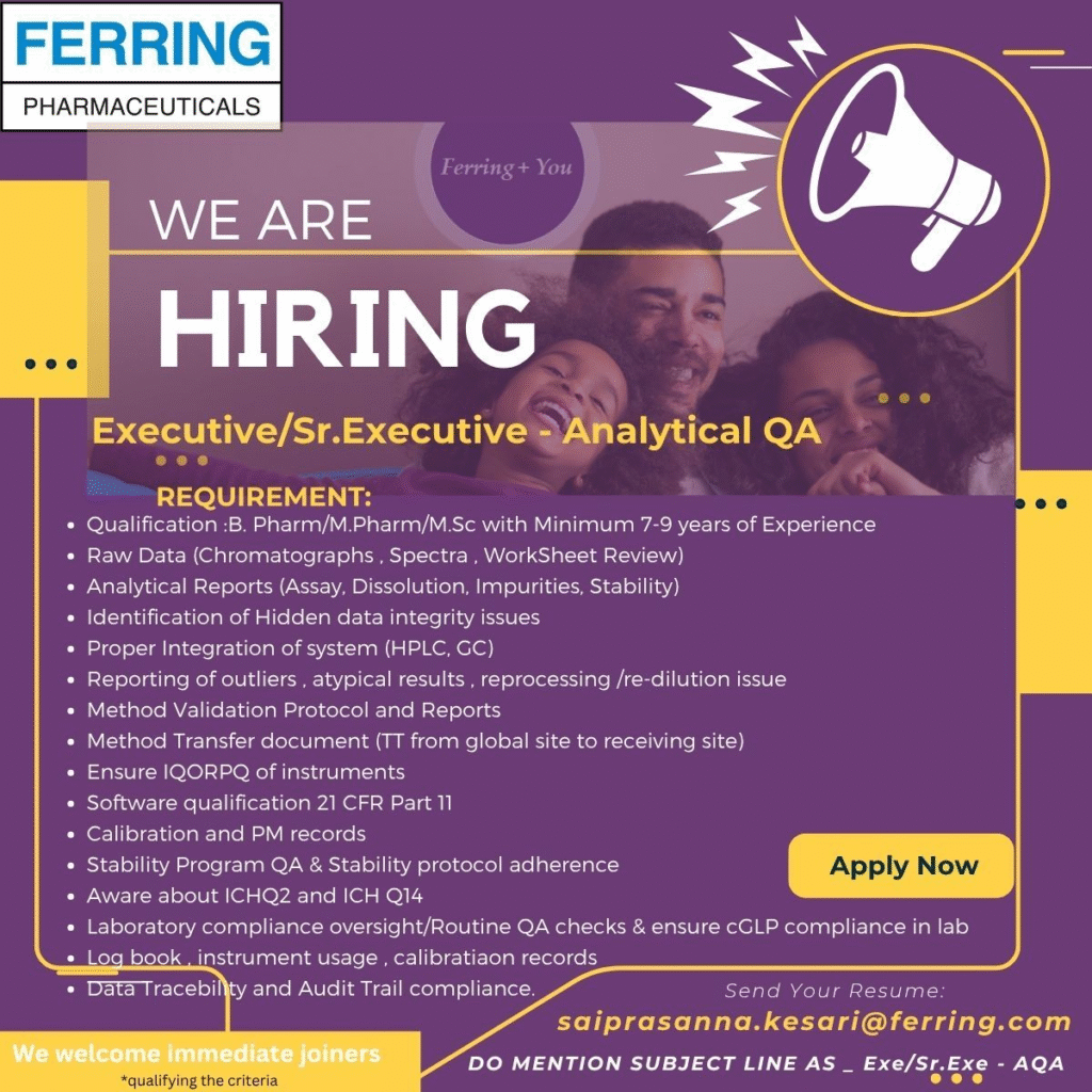 Ferring Pharmaceuticals Hiring – Executive / Sr. Executive Analytical QA (7–9 Years) in India