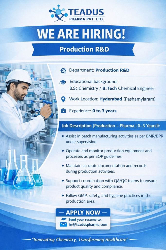 TEADUS Pharma Pvt. Ltd. Hiring – Production R&D Freshers & Early-Career Roles (0–3 Years) in Hyderabad (Pashamylaram)