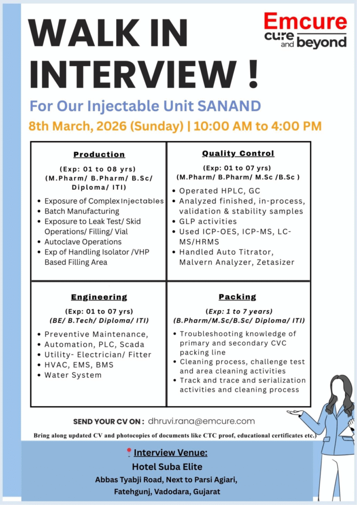 Emcure Pharmaceuticals Walk-in Interview 2026: Production, QC, Engineering & Packing Jobs at Injectable Unit, Sanand