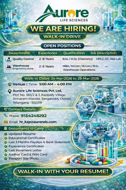 Aurore Life Sciences Pvt. Ltd. Walk-in Drive – QC & Warehouse Roles on 24th–28th March 2026 at Kazipally, Sangareddy