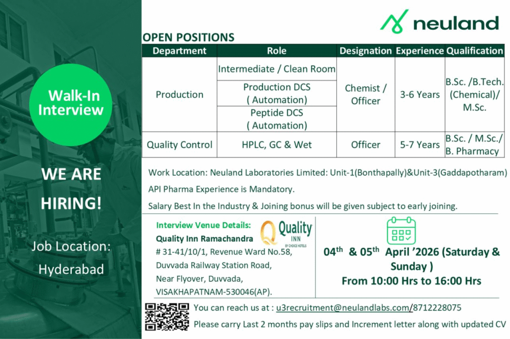 Neuland Laboratories Walk-in Interview – Production (DCS Automation) & QC (HPLC/GC) Roles on 4th & 5th April 2026 at Visakhapatnam