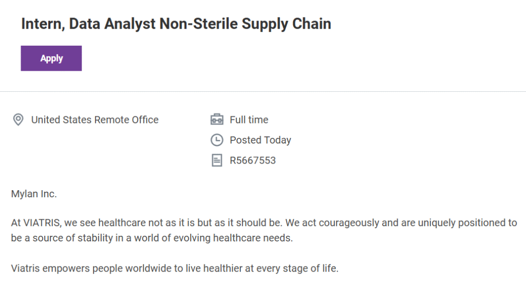 Viatris Hiring – Intern, Data Analyst (Non-Sterile Supply Chain) – Fully Remote (USA)