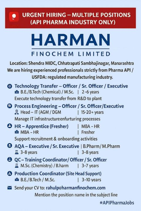 Harman Finochem Limited Hiring – Multiple API Roles