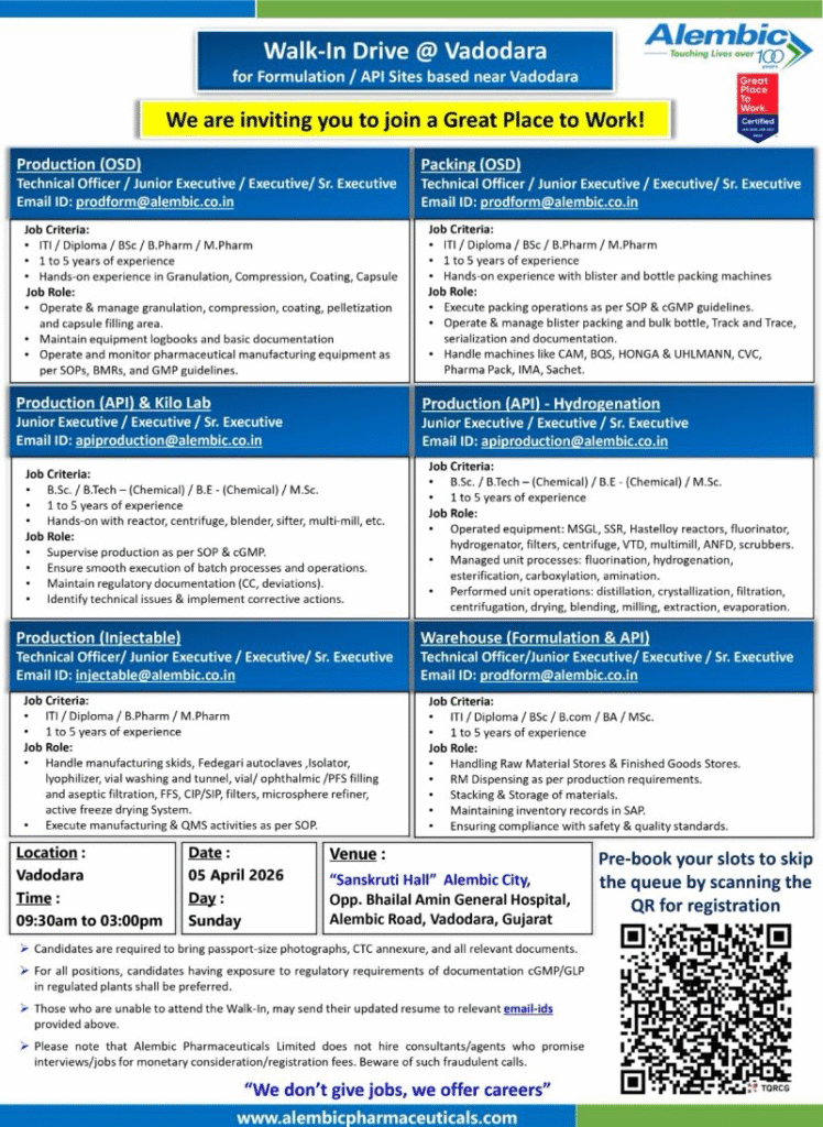 Alembic Pharmaceuticals Walk-in Drive for Production, Packing, Warehouse & API Jobs in Vadodara