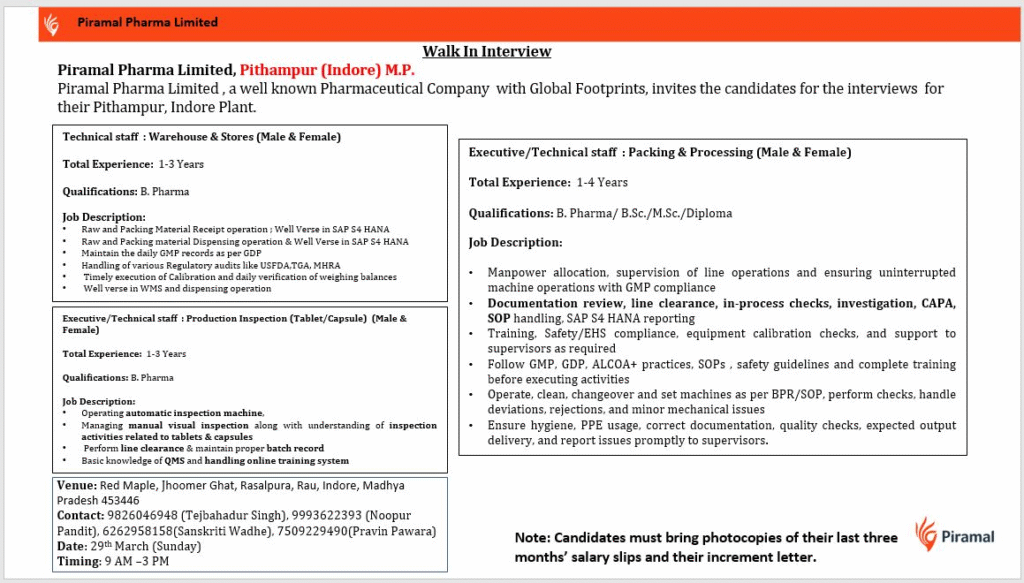 Piramal Pharma Walk-in Interview 2026: Warehouse, Production Inspection & Packing Jobs in Pithampur, Indore