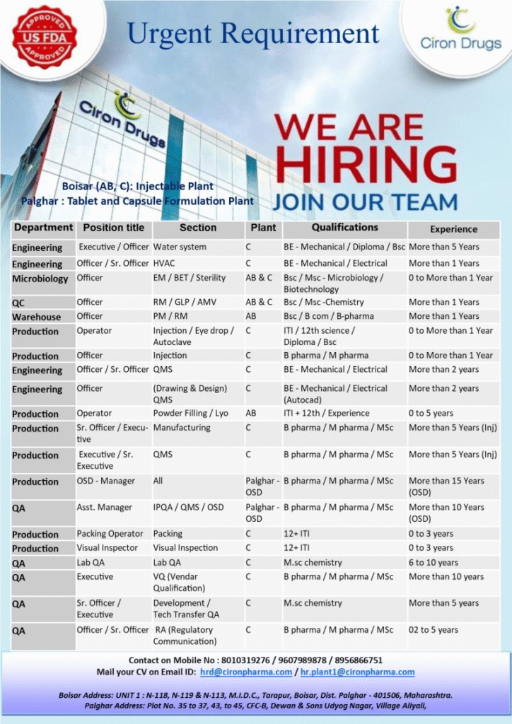 urgent walk-in interview for multiple positions in Production, QA, QC, Engineering, Microbiology