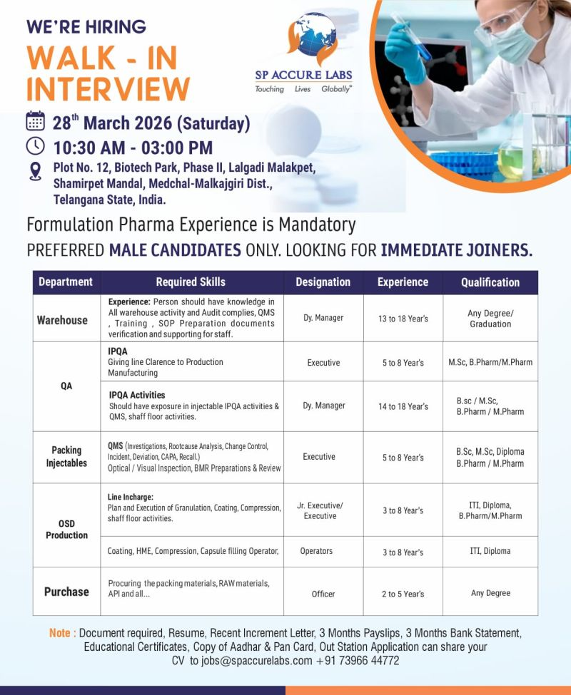SP Accure Labs Hiring for OSD Production, IPQA, Warehouse & Packing Jobs