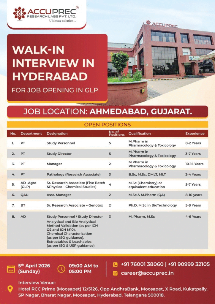 Accuprec Research Labs Walk-in Interview 2026 in Hyderabad for GLP Jobs in Ahmedabad