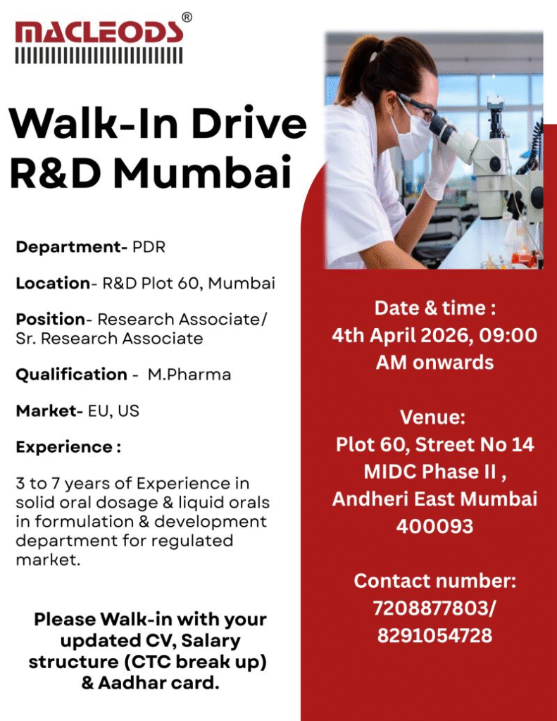 Macleods Pharmaceuticals Walk-in Drive for Research Associate / Sr. Research Associate – Mumbai R&D 2026