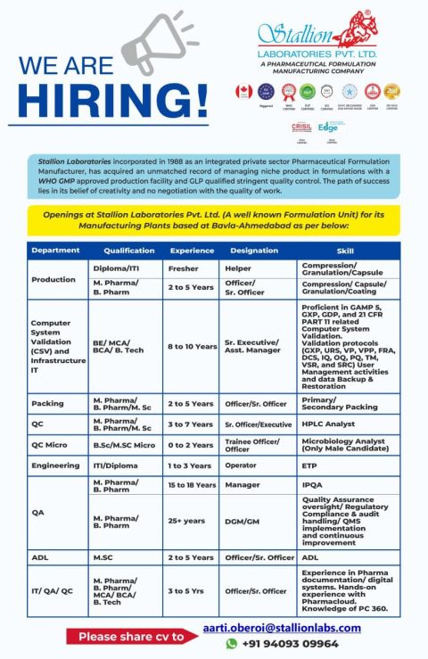 Stallion Laboratories Walk-in / Job Openings for Production, QA, QC, Engineering & IT Roles – Ahmedabad 2026