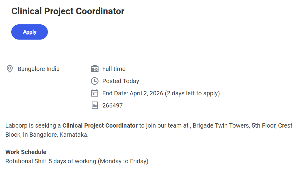 Labcorp Hiring Clinical Project Coordinator – Bangalore Full-Time Job 2026
