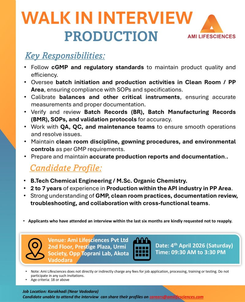 Ami Lifesciences Walk-in Interview for Production Officers – API Manufacturing at Karakhadi, Vadodara 2026