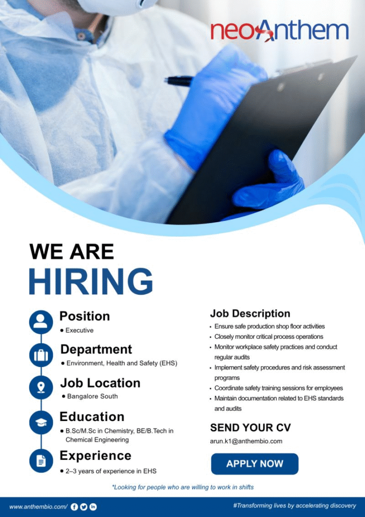 Anthem Biosciences Executive EHS Job Opening 2026: Environment, Health & Safety Role in Bangalore