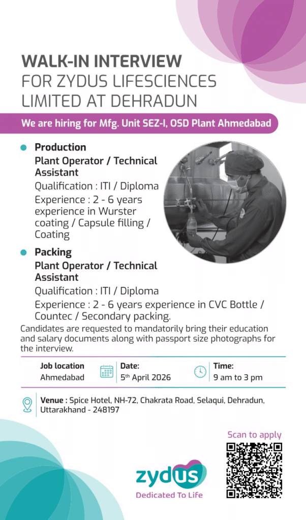 Zydus Lifesciences Walk-In Interview 2026: Production & Packing Jobs at OSD Plant Ahmedabad