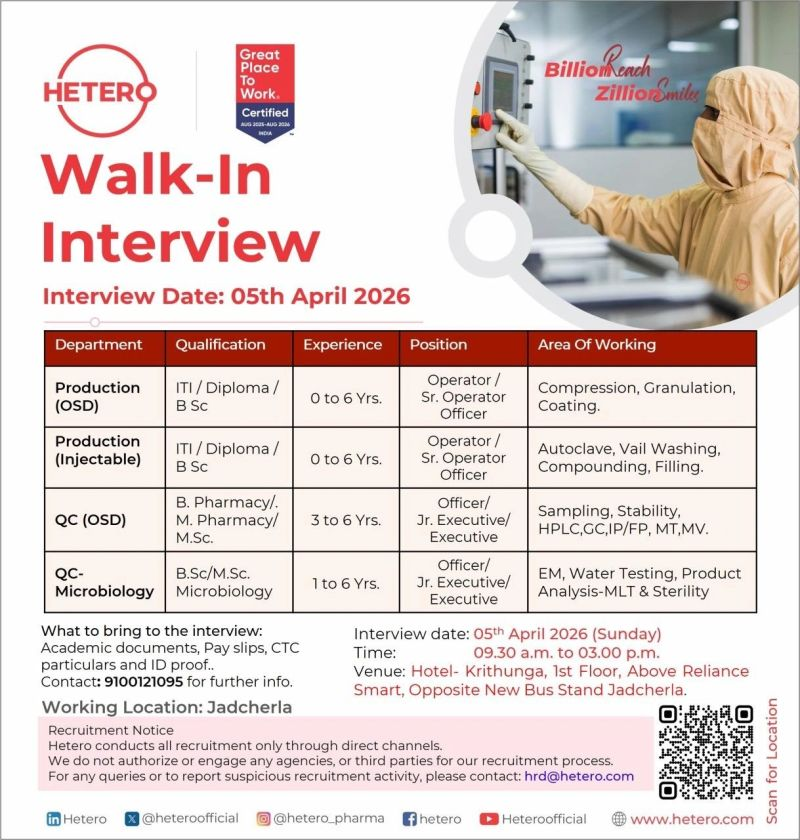 Hetero Walk-In Interview for Production & QC Jobs