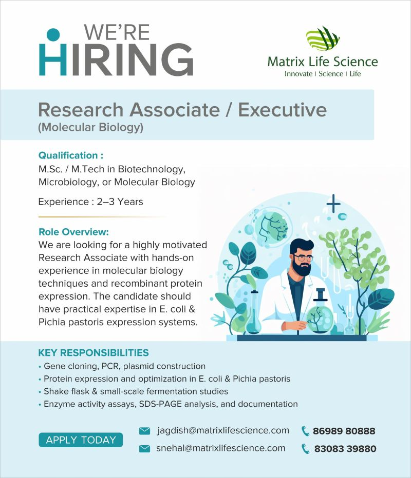 Matrix Life Science Hiring 2026: Research Associate / Executive – Molecular Biology Job