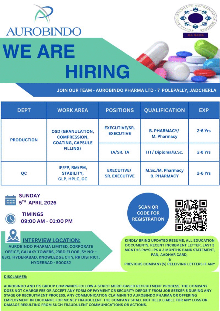 Aurobindo Pharma Hiring for Production & QC Jobs