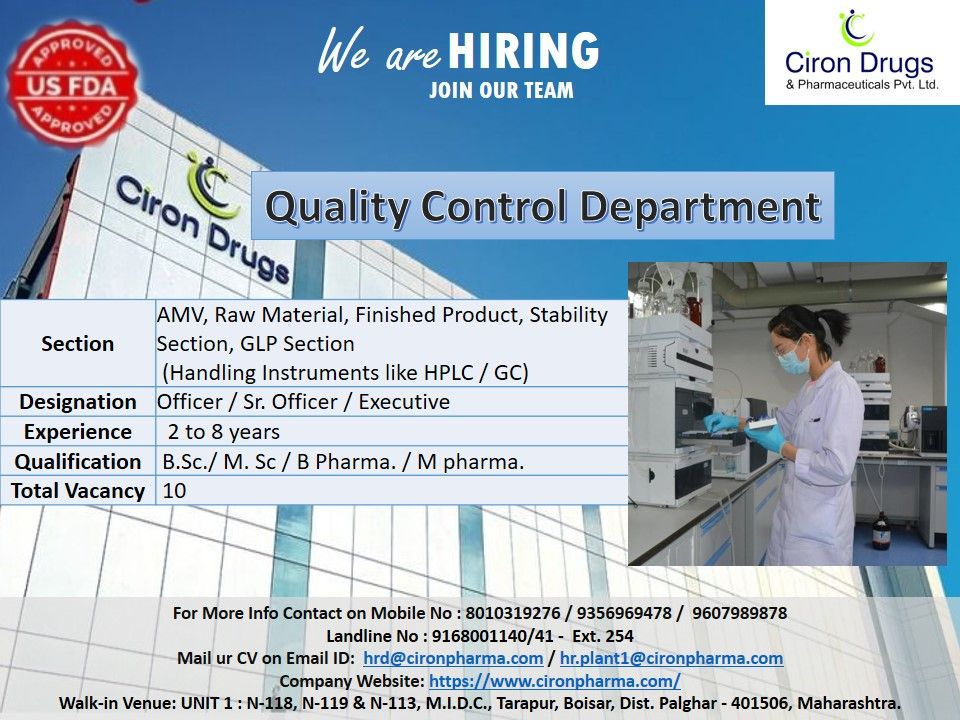 Ciron Drugs Walk-In Interview for Quality Control Jobs