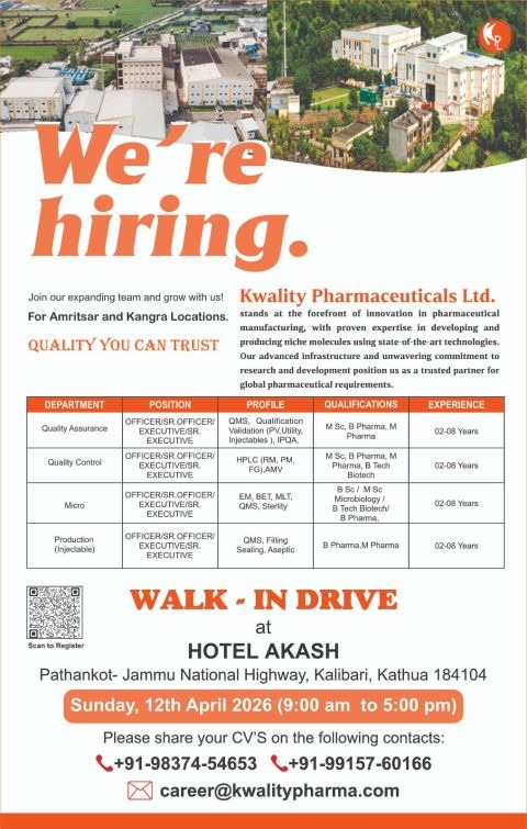 Kwality Pharmaceuticals Ltd Hiring Walk-in Interview 2026: QA, QC, Micro & Injectable Production Jobs in Amritsar & Kangra