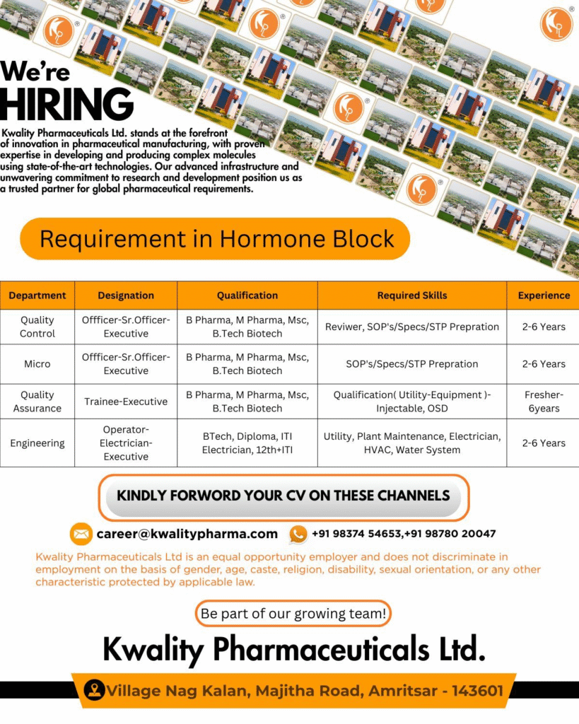 Kwality Pharmaceuticals Ltd. is hiring for multiple roles in Quality Control, Microbiology, Quality Assurance