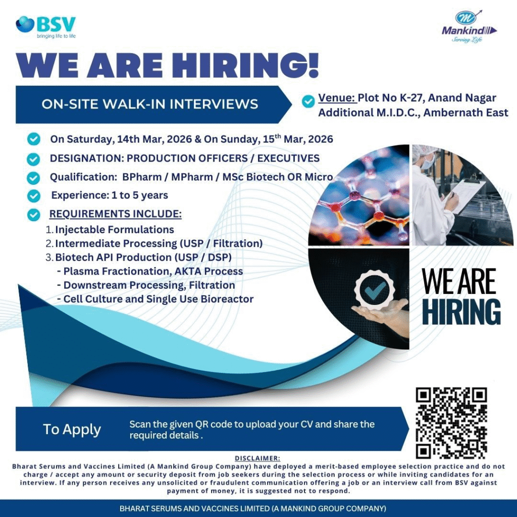 Bharat Serums and Vaccines Limited (BSV) Walk-In Interviews 14th & 15th March 2026