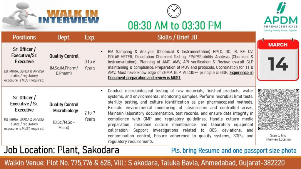 APDM Pharmaceuticals Walk-in Interview for Quality Control Positions – QC Chemical & Microbiology