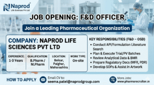 F&D Officer Job Opening at Naprod Life Sciences Pvt Ltd | Pharma Jobs in India