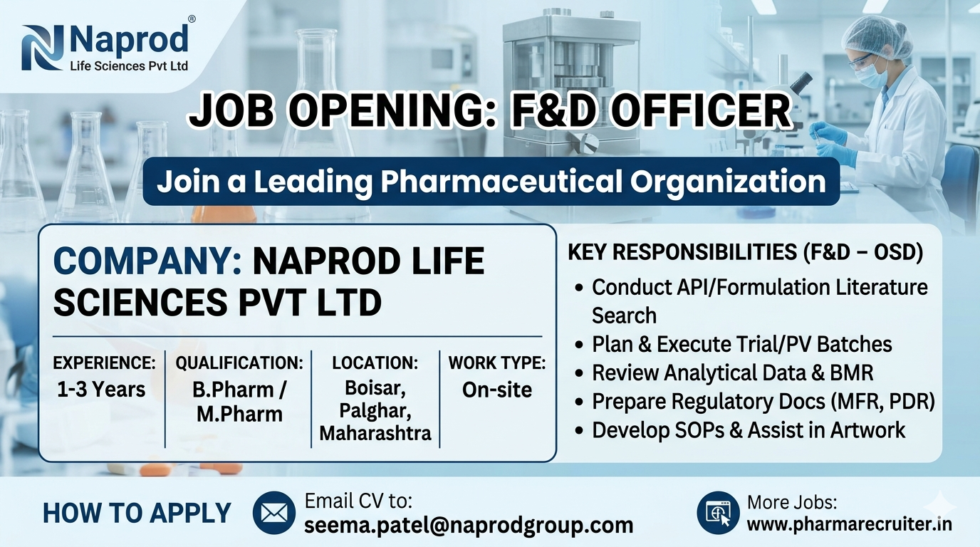 F&D Officer Job Opening at Naprod Life Sciences Pvt Ltd | Pharma Jobs in India