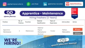Ajanta Pharma Hiring for Apprentice - Maintenance