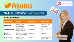 Akums - Hiring Freshers in Production, QA, QC & Engineering on 3 May 2026