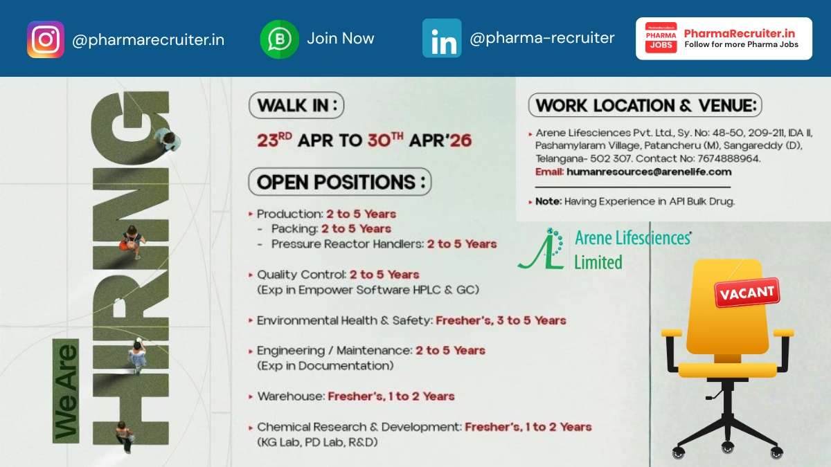 Arene Lifesciences Limited - Hiring Freshers for Production, QC, EHS Roles