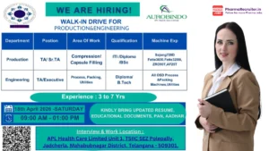Aurobindo Pharma Walk-in drive on 18th April 2026