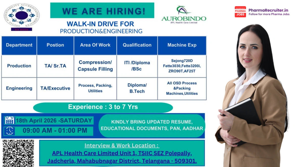 Aurobindo Pharma Walk-in drive on 18th April 2026
