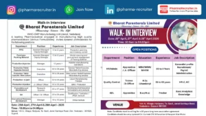 Bharat Parenterals Limited - Walk-In Interview for QA, QC, Production & Pharma Jobs