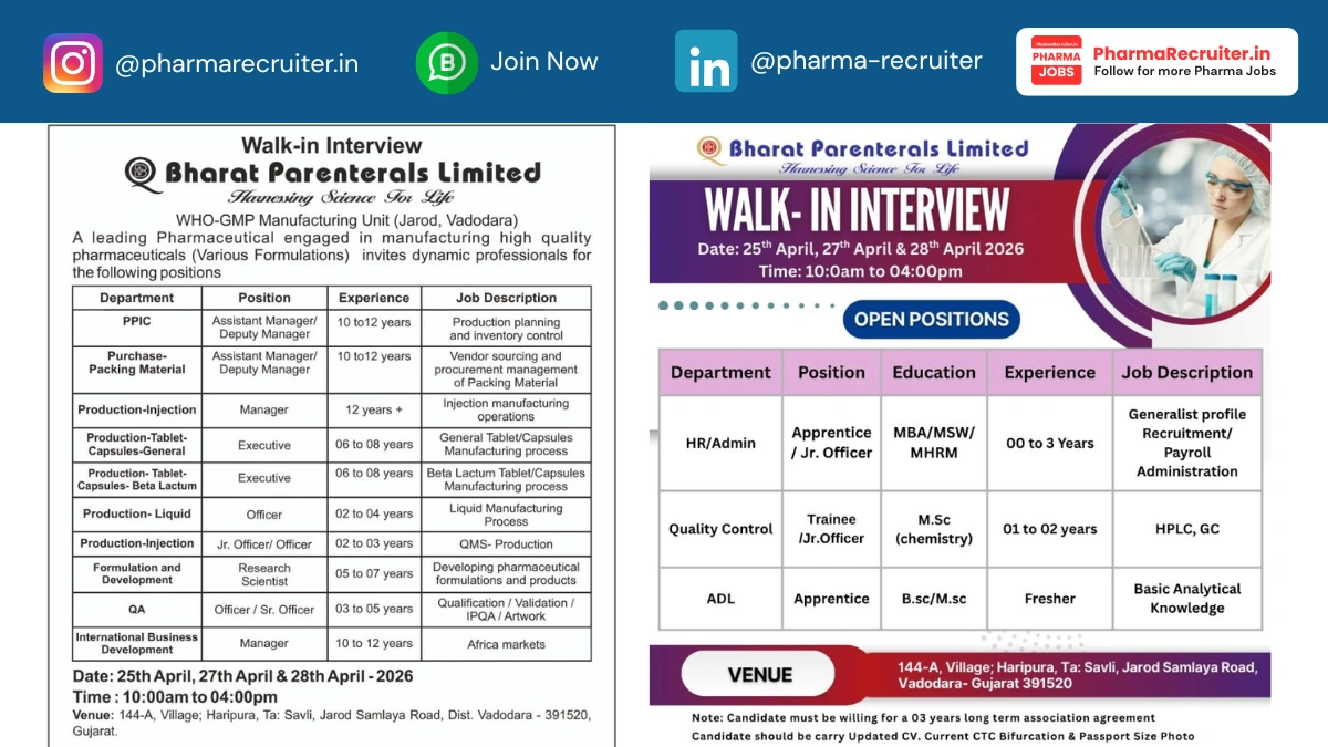 Bharat Parenterals Limited - Walk-In Interview for QA, QC, Production & Pharma Jobs