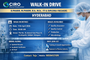 CIRO Pharma Private Limited Walk-in Interview – QA, QC, Production & Microbiology Jobs in Hyderabad on 11th April 2026