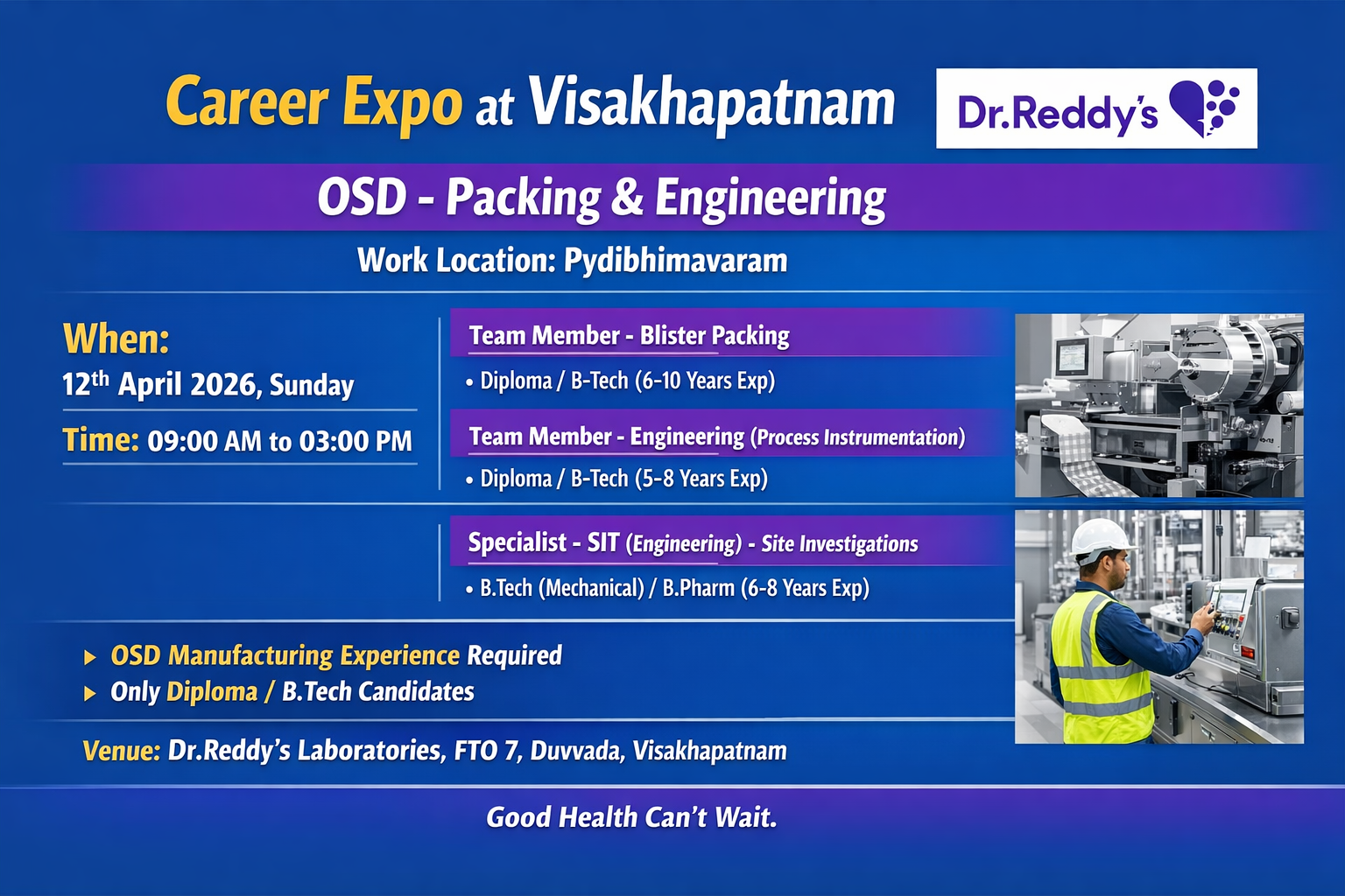 Dr. Reddy’s Walk-in Interview 2026 | Pharma Jobs in Visakhapatnam (OSD Packing & Engineering Roles)
