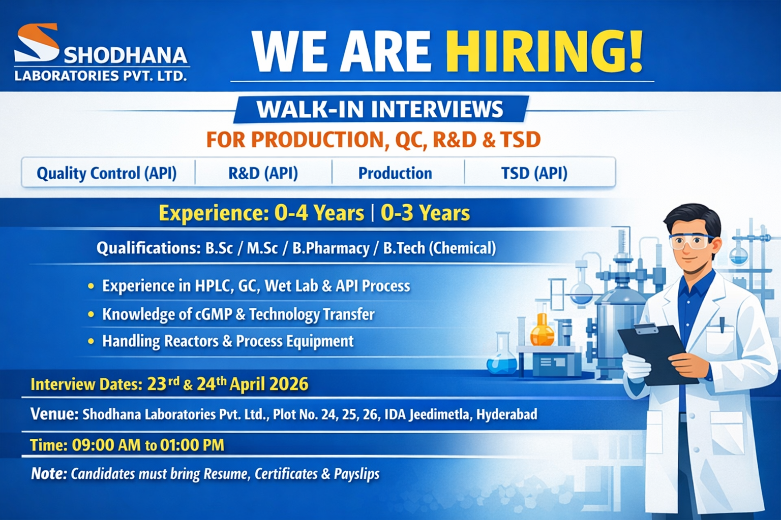 Shodhana Laboratories Walk-In Interview | QC, R&D, Production & TSD Pharma Jobs in India on 23rd & 24th April 2026