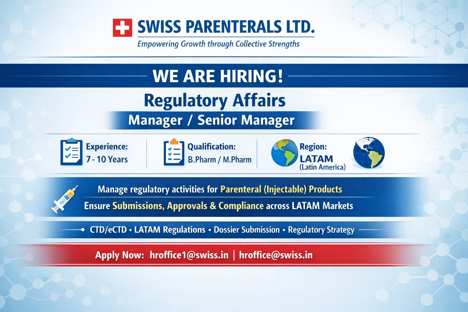 Regulatory Affairs Manager / Senior Manager Job – Swiss Parenterals Ltd (LATAM Region)