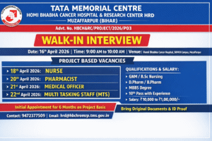 Tata Memorial Centre Walk-In Interview – Pharma Jobs, Nurse, Pharmacist & Medical Officer Vacancies on 18 - 22 April 2026