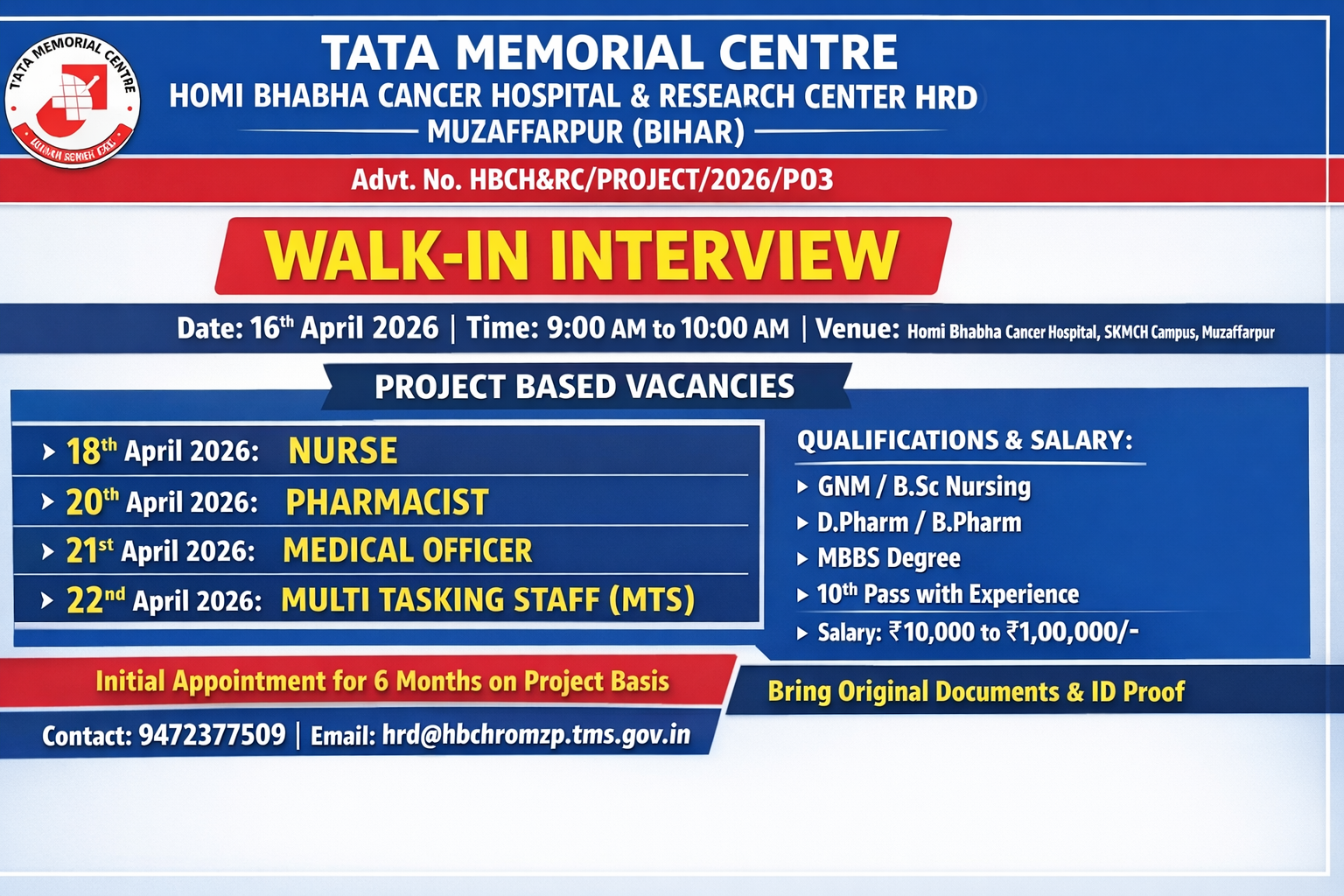 Tata Memorial Centre Walk-In Interview – Pharma Jobs, Nurse, Pharmacist & Medical Officer Vacancies on 18 - 22 April 2026