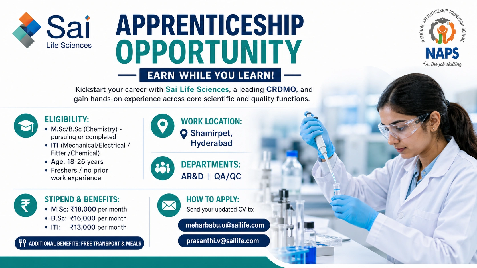 Sai Life Sciences Apprenticeship Program 2026 – Pharma Jobs for Freshers in QA, QC & R&D