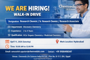 Chemveda Life Sciences Walk-in Interview – Research Chemist Jobs in Hyderabad on April 11, 2026 (Saturday)