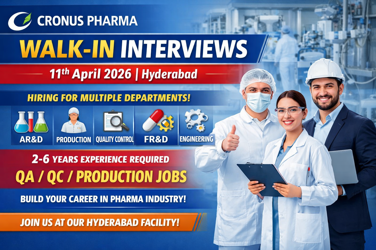Cronus Pharma Walk-in Drive 2026: AR&D, Production, QC, FR&D & Engineering Jobs in Hyderabad (Shamshabad)
